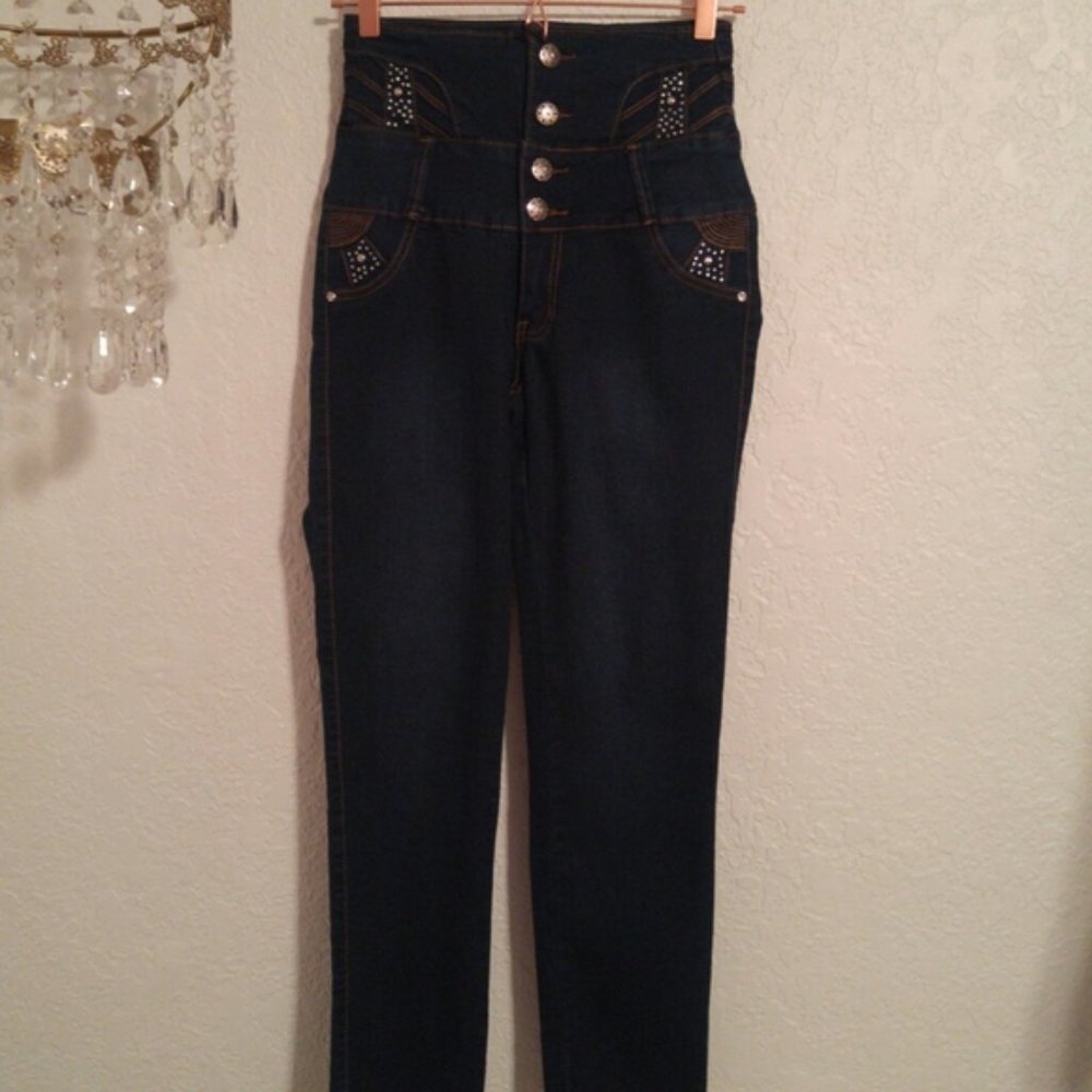 Silver Diva NWOT Cotton Blend High Waist Rhinestone Dark Blue Skinny Jean SZ 7